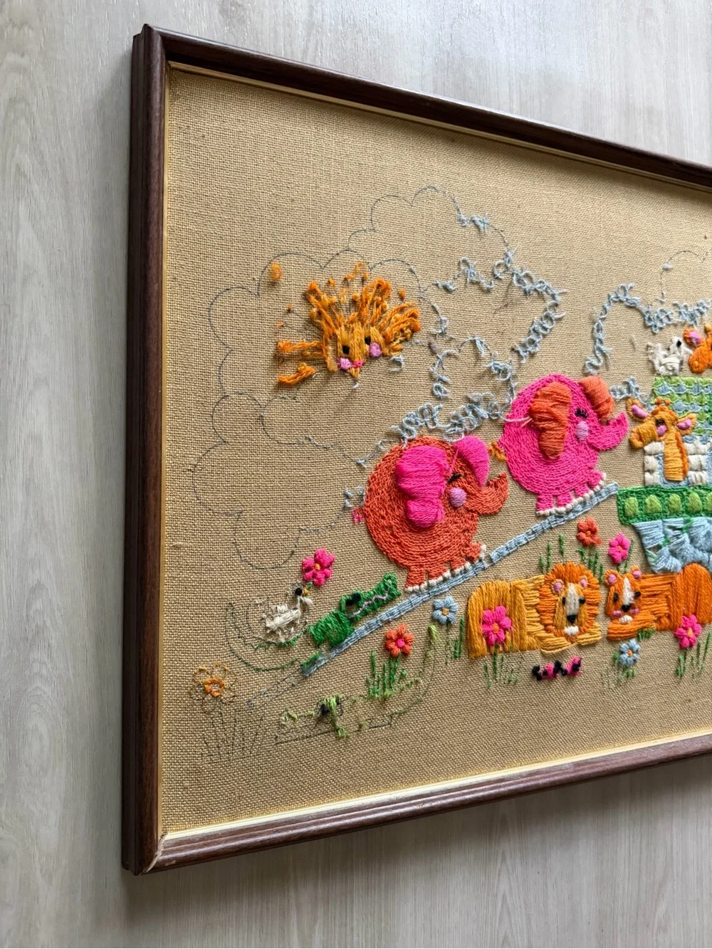 Vintage 70s Children's Theme Crewel Piece -Animal Theme Noah's Ark-Unfinished
